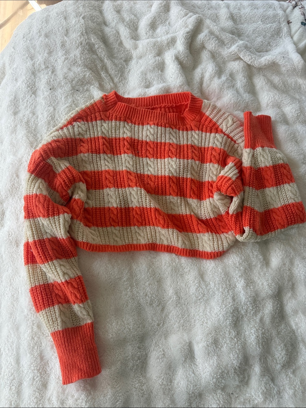 Crop Cable Knit Sweater - Orange & Cream